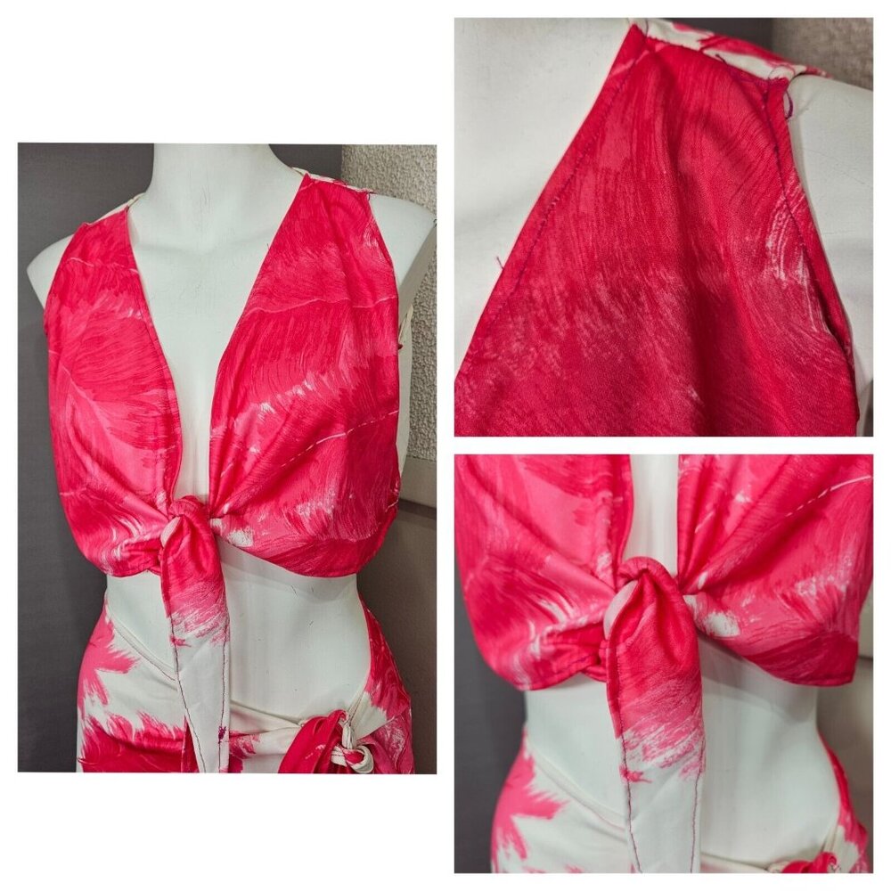 Beach Swim Cover Up Tie Crop Top Sarong Skirt 2 pc M L XL Pink White Floral - Picture 2 of 9